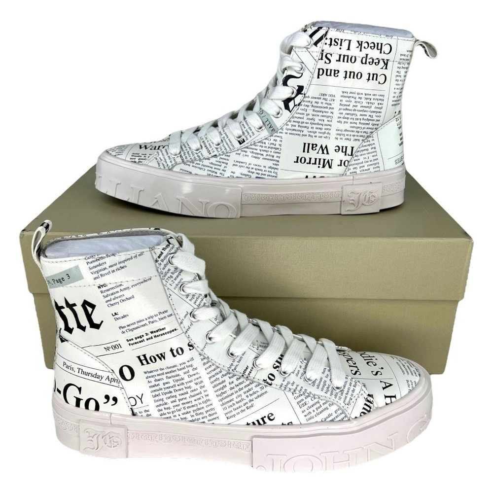 John Galliano Women's Gazette Sneakers Size 9.5 White Newspaper High Top New